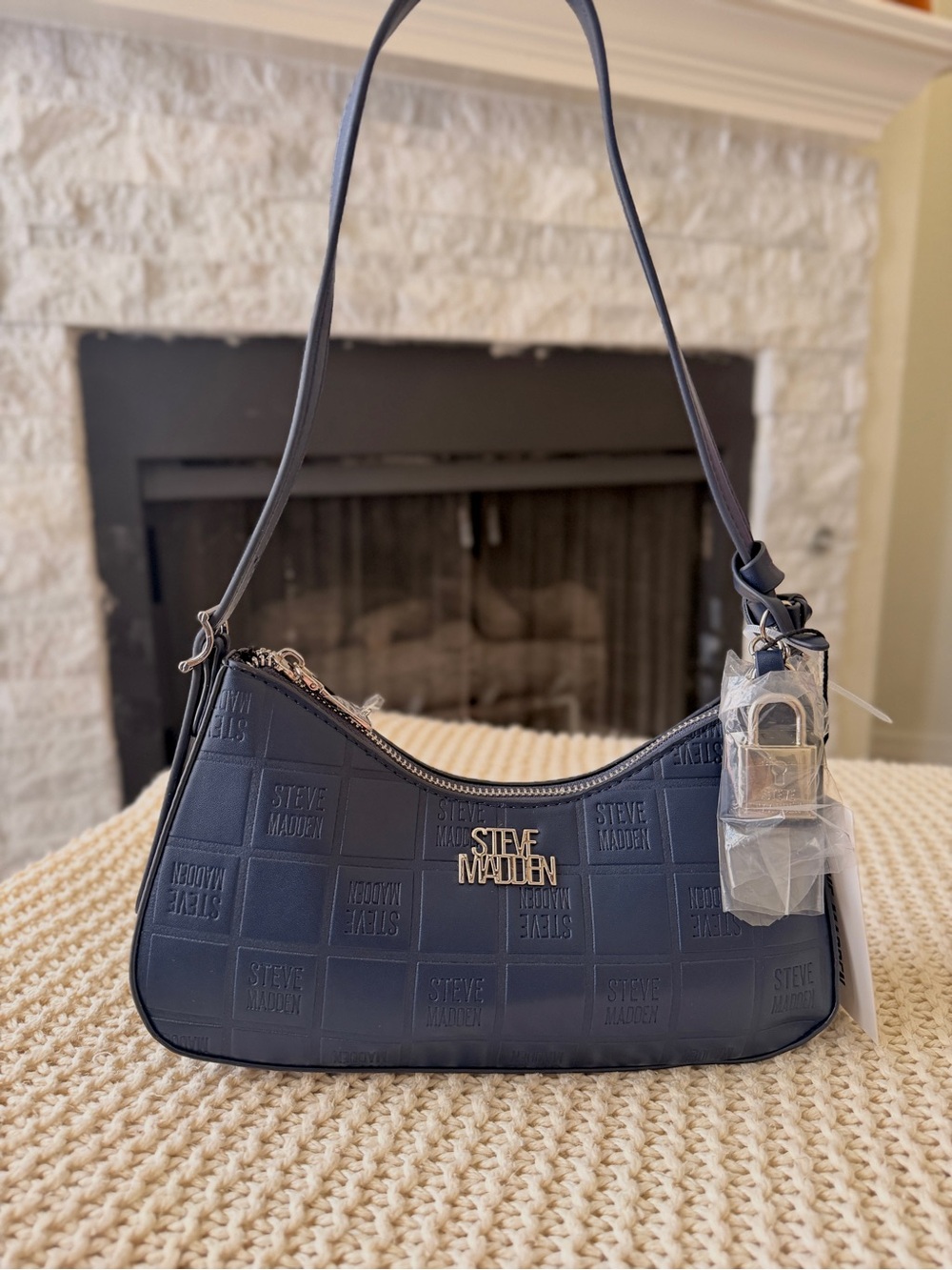 Steve Madden Navy Embossed Mini Shoulder Bag with Lock Charm